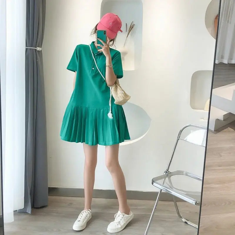 Summer New Loose Pleated Skirt Short Sleeve Polo Neck All-match Solid Color Plus Size Mini Dress Casual Fashion Women Clothing